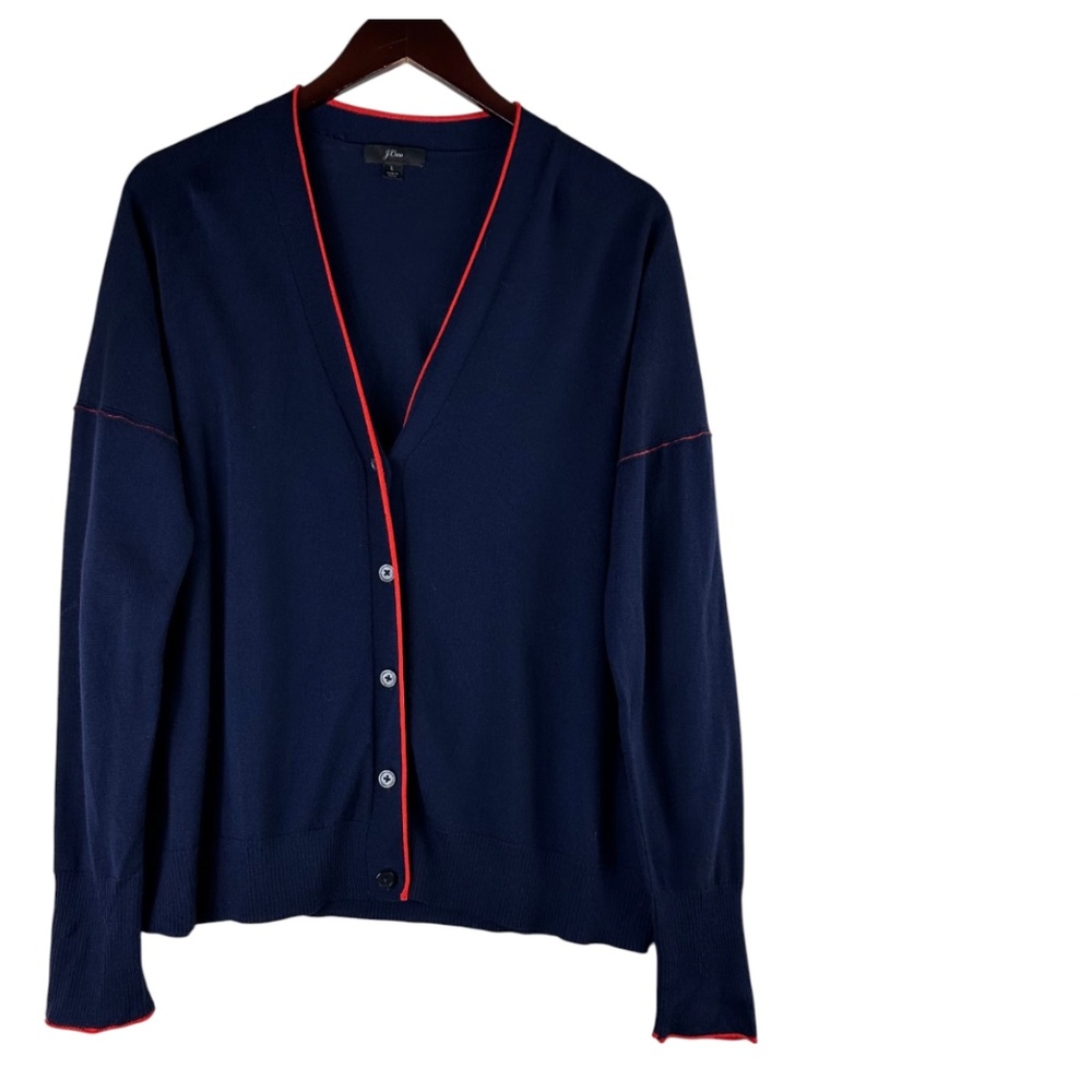 J Crew Cardigan Sweater Large 12 14 Merino Wool Navy Blue Piping Claire Preppy - Picture 2 of 4